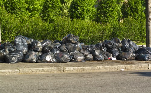 A long row of black rubbish bags, filled with waste materials, are lined up along the edge of a paved road in an outdoor setting. The bags appear to be made of plastic and are tightly sealed. Behind the row of rubbish bags, there is a lush, green natural environment with dense foliage, shrubs, and tall trees, suggesting a park or a green space near Blackfriars. The bags are positioned directly adjacent to the curb, with a concrete sidewalk separating them from the street pavement. The sunlight casts clear shadows on the road, indicating a bright day. This scene reflects a typical rubbish removal scenario often handled by professional waste management services like Garden Clearance Blackfriars, who specialize in domestic and commercial waste clearance, including garden refuse and general rubbish disposal in the Blackfriars area of London.